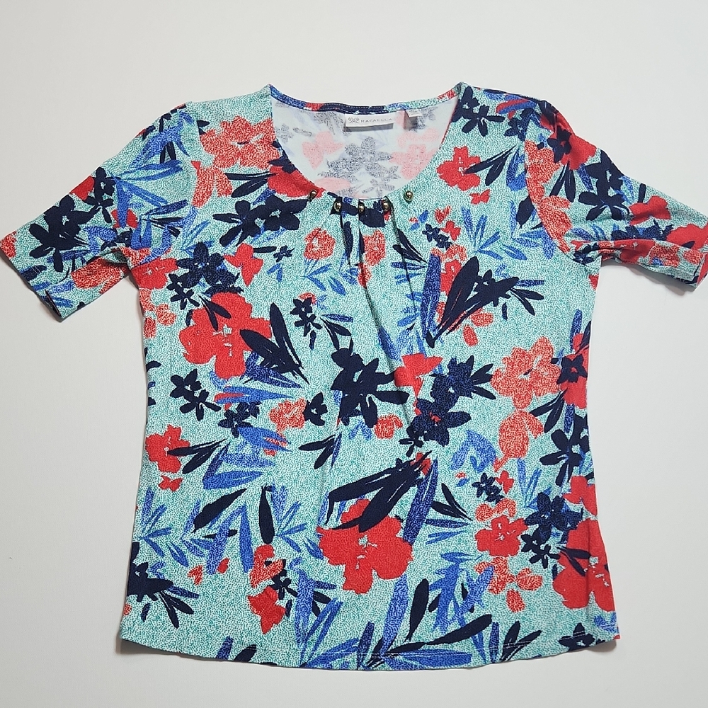 Rafaella Floral Print Short Sleeve Top Women’s S Multicolor Cotton Blouse